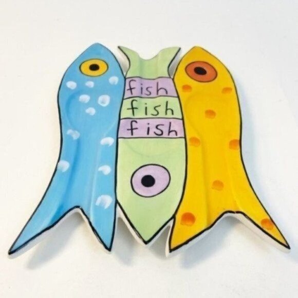 Sandra Magsamen For Silvestri Fish Fish Fish Ceramic Spoon Rest 9” X 6” - Picture 2 of 8